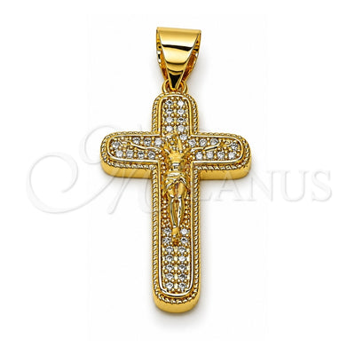 Oro Laminado Religious Pendant, Gold Filled Style Cross and Crucifix Design, with White Micro Pave, Polished, Golden Finish, 05.342.0218