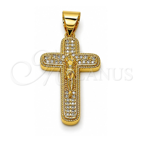 Oro Laminado Religious Pendant, Gold Filled Style Cross and Crucifix Design, with White Micro Pave, Polished, Golden Finish, 05.342.0218