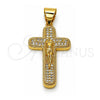 Oro Laminado Religious Pendant, Gold Filled Style Cross and Crucifix Design, with White Micro Pave, Polished, Golden Finish, 05.342.0218