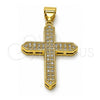 Oro Laminado Religious Pendant, Gold Filled Style Cross Design, with White Cubic Zirconia, Polished, Golden Finish, 05.342.0223