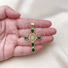 Oro Laminado Religious Pendant, Gold Filled Style Cross and Guadalupe Design, with Green and White Cubic Zirconia, Polished, Golden Finish, 05.342.0226.1