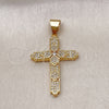 Oro Laminado Religious Pendant, Gold Filled Style Cross and Four-leaf Clover Design, with White Micro Pave, Polished, Golden Finish, 05.342.0227