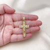 Oro Laminado Religious Pendant, Gold Filled Style Crucifix and Cross Design, with White Micro Pave, Polished, Golden Finish, 05.342.0230