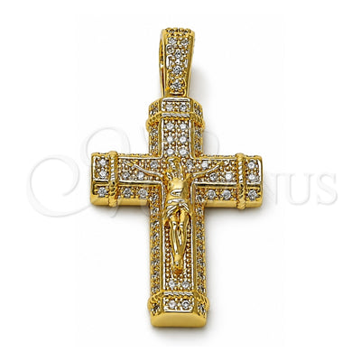 Oro Laminado Religious Pendant, Gold Filled Style Crucifix and Cross Design, with White Micro Pave, Polished, Golden Finish, 05.342.0230