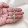 Oro Laminado Religious Pendant, Gold Filled Style Cross and Baguette Design, with White Cubic Zirconia, Polished, Golden Finish, 05.342.0232