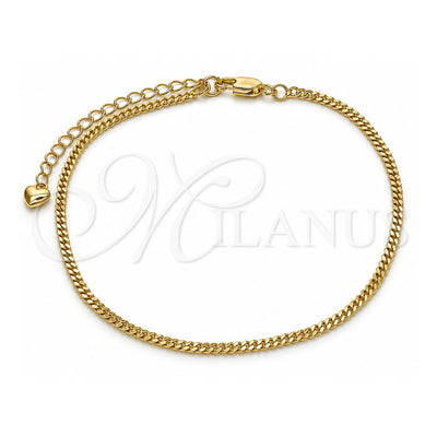 Oro Laminado Basic Anklet, Gold Filled Style Miami Cuban Design, Diamond Cutting Finish, Golden Finish, 04.213.0157.09 (02 MM Thickness, 9 Inches Length)