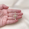 Oro Laminado Religious Pendant, Gold Filled Style Cross and Baguette Design, with White Cubic Zirconia, Polished, Golden Finish, 05.341.0099