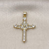 Oro Laminado Religious Pendant, Gold Filled Style Cross and Baguette Design, with White Cubic Zirconia, Polished, Golden Finish, 05.341.0099