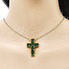 Oro Laminado Religious Pendant, Gold Filled Style Cross Design, with Green Cubic Zirconia, Polished, Golden Finish, 05.341.0100.1