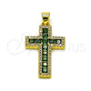 Oro Laminado Fancy Pendant, Gold Filled Style Cross Design, with Green Cubic Zirconia and White Micro Pave, Polished, Golden Finish, 05.341.0103.1