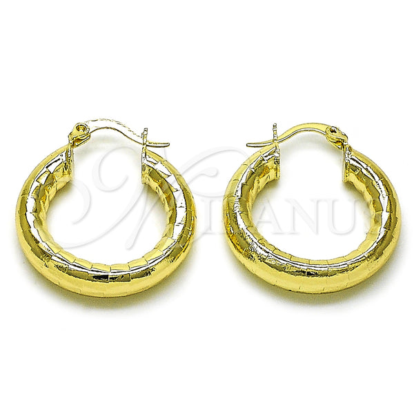Gold Filled Hoop Earrings — Medium Hoop Hollow Design Diamond Cutting 02. — main product view — SKU 156942 | Oro Laminado aretes de aro — Medium Hoop Hollow diseño Diamond Cutting 02. — SKU 156942