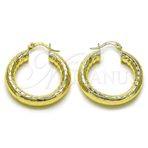 Gold Filled Hoop Earrings — Medium Hoop Hollow Design Diamond Cutting 02. — main product view — SKU 156943 | Oro Laminado aretes de aro — Medium Hoop Hollow diseño Diamond Cutting 02. — SKU 156943