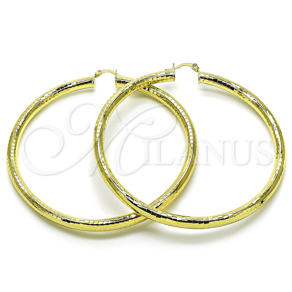 Gold Filled Hoop Earrings — Extra Large Hoop Hollow Design Diamond Cutting 02. — main product view — SKU 156945 | Oro Laminado aretes de aro — Extra Large Hoop Hollow diseño Diamond Cutting 02. — SKU 156945