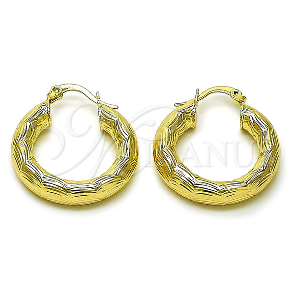 Gold Filled Hoop Earrings — Medium Hoop Hollow Design Diamond Cutting 02. — main product view — SKU 156948 | Oro Laminado aretes de aro — Medium Hoop Hollow diseño Diamond Cutting 02. — SKU 156948