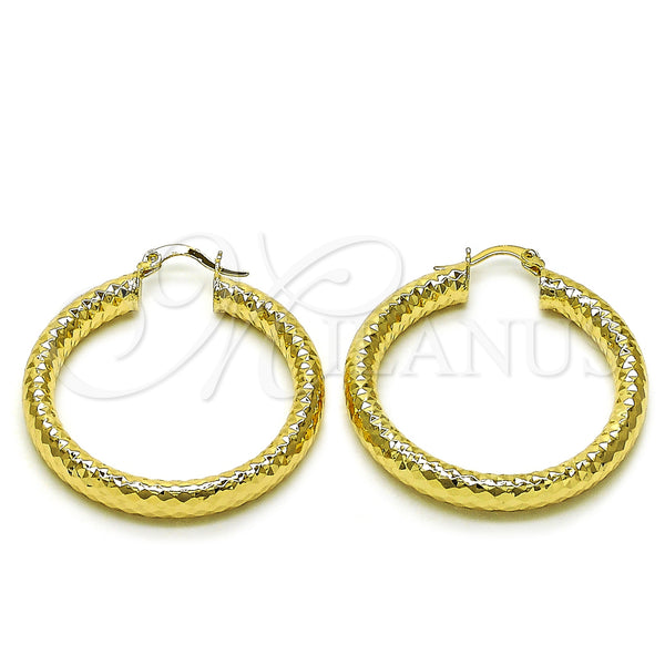 Gold Filled Hoop Earrings — Medium Hoop Hollow Design Diamond Cutting 02. — main product view — SKU 156952 | Oro Laminado aretes de aro — Medium Hoop Hollow diseño Diamond Cutting 02. — SKU 156952