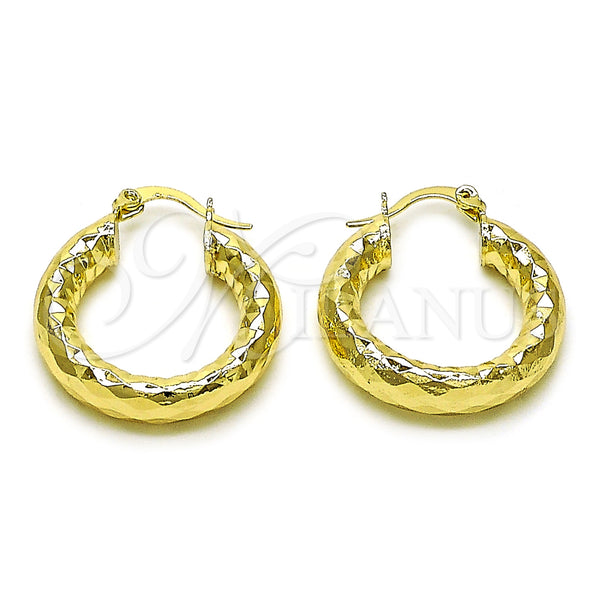 Gold Filled Hoop Earrings — Medium Hoop Hollow Design Diamond Cutting 02. — main product view — SKU 156953 | Oro Laminado aretes de aro — Medium Hoop Hollow diseño Diamond Cutting 02. — SKU 156953