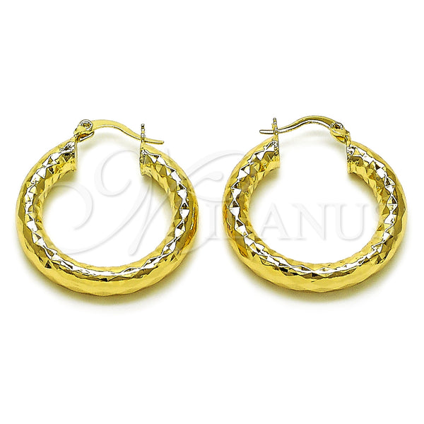 Gold Filled Hoop Earrings — Medium Hoop Hollow Design Diamond Cutting 02. — main product view — SKU 156954 | Oro Laminado aretes de aro — Medium Hoop Hollow diseño Diamond Cutting 02. — SKU 156954