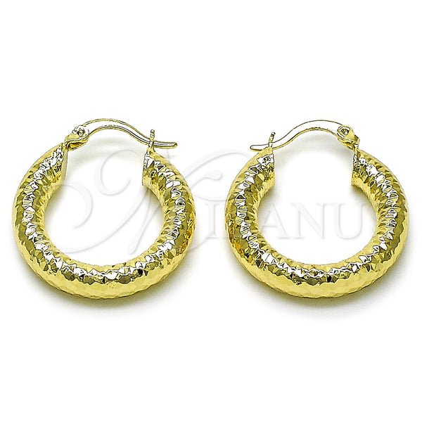 Gold Filled Hoop Earrings — Medium Hoop Hollow Design Diamond Cutting 02. — main product view — SKU 156960 | Oro Laminado aretes de aro — Medium Hoop Hollow diseño Diamond Cutting 02. — SKU 156960