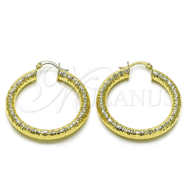Gold Filled Hoop Earrings — Medium Hoop Hollow Design Diamond Cutting 02. — main product view — SKU 156961 | Oro Laminado aretes de aro — Medium Hoop Hollow diseño Diamond Cutting 02. — SKU 156961