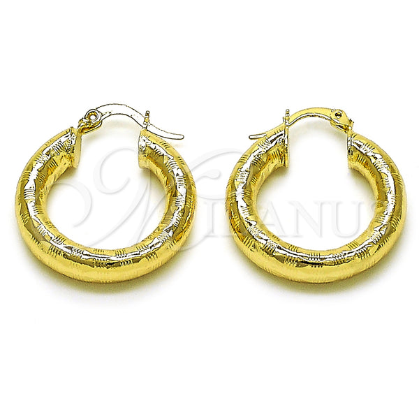 Gold Filled Hoop Earrings — Medium Hoop Hollow Design Diamond Cutting 02. — main product view — SKU 156963 | Oro Laminado aretes de aro — Medium Hoop Hollow diseño Diamond Cutting 02. — SKU 156963