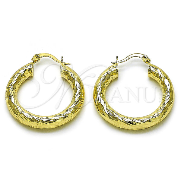 Gold Filled Hoop Earrings — Medium Hoop Hollow Design Diamond Cutting 02. — main product view — SKU 156974 | Oro Laminado aretes de aro — Medium Hoop Hollow diseño Diamond Cutting 02. — SKU 156974