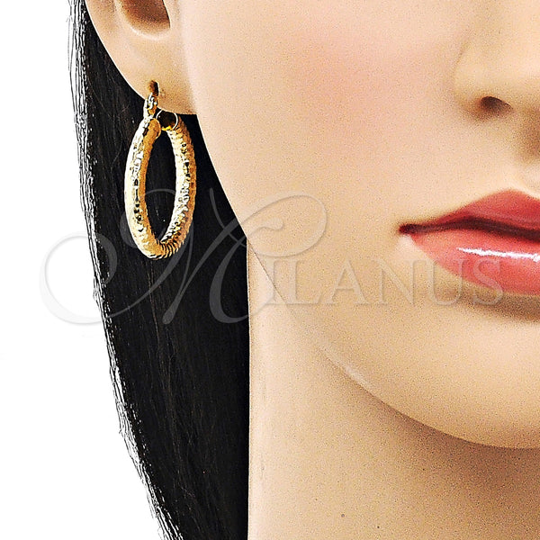 Gold Filled Hoop Earrings — Medium Hoop Hollow Design Diamond Cutting 02. — alternate product view — SKU 156985 | Oro Laminado aretes de aro — Medium Hoop Hollow diseño Diamond Cutting 02. — SKU 156985