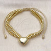 Oro Laminado Adjustable Bolo Bracelet, Gold Filled Style Heart and Ball Design, Polished, Golden Finish, 03.341.0232.11 (09 MM Thickness, 11 Inches Length)