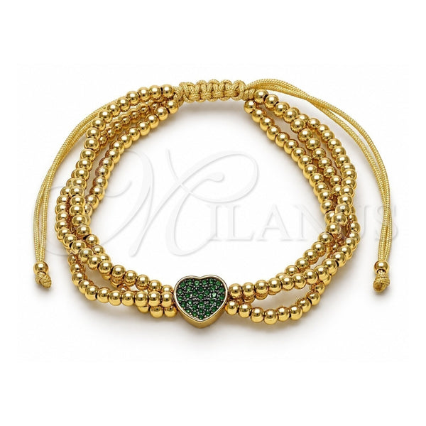 Oro Laminado Adjustable Bolo Bracelet, Gold Filled Style Heart and Ball Design, with Green Micro Pave, Polished, Two Tone, 03.341.0234.1.11 (09 MM Thickness, 11 Inches Length)