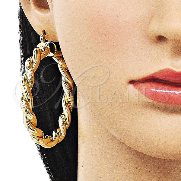 Gold Filled Hoop Earrings — Large Hoop Twist and Hollow Design Diamond Cutting — alternate product view — SKU 157012 | Oro Laminado aretes de aro — Large Hoop Twist and Hollow diseño Diamond Cutting — SKU 157012