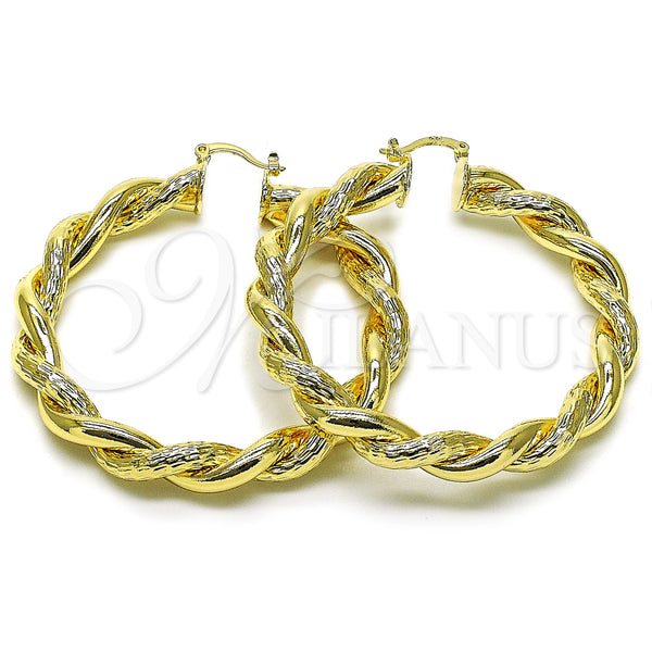 Gold Filled Hoop Earrings — Large Hoop Twist and Hollow Design Diamond Cutting — main product view — SKU 157012 | Oro Laminado aretes de aro — Large Hoop Twist and Hollow diseño Diamond Cutting — SKU 157012