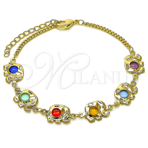 Oro Laminado Fancy Bracelet, Gold Filled Style Elephant and Curb Design, with Multicolor Crystal, Polished, Golden Finish, 04.213.0300.07 (10 MM Thickness, 7 Inches Length)