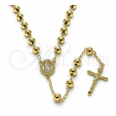 Oro Laminado Medium Rosary, Gold Filled Style Guadalupe and Cross Design, with White Cubic Zirconia, Polished, Golden Finish, 09.213.0049.24