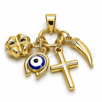 Oro Laminado Fancy Pendant, Gold Filled Style Cross and Four-leaf Clover Design, Blue Enamel Finish, Golden Finish, 05.213.0164