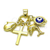 Oro Laminado Fancy Pendant, Gold Filled Style Cross and Dolphin Design, Blue Enamel Finish, Golden Finish, 05.213.0165