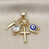 Oro Laminado Fancy Pendant, Gold Filled Style Cross and Owl Design, with White Cubic Zirconia, Blue Enamel Finish, Golden Finish, 05.213.0166