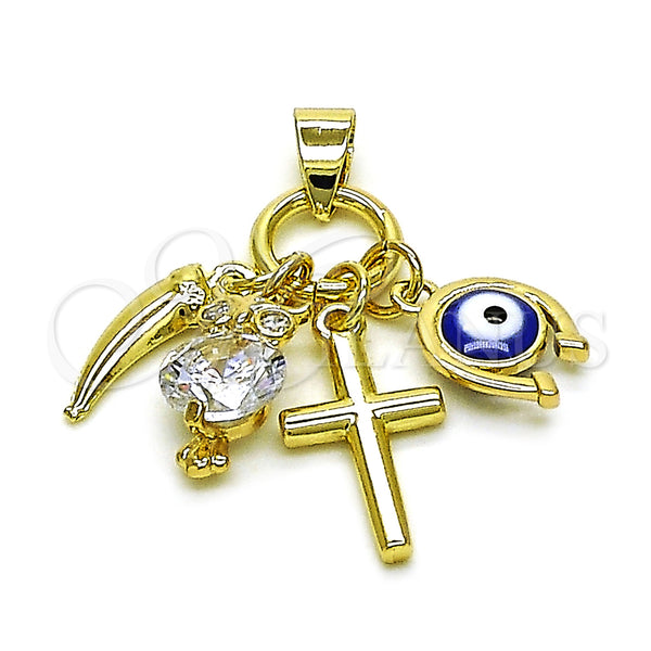 Oro Laminado Fancy Pendant, Gold Filled Style Cross and Owl Design, with White Cubic Zirconia, Blue Enamel Finish, Golden Finish, 05.213.0166