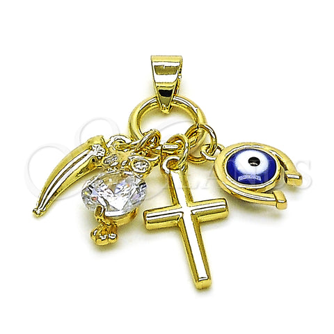 Oro Laminado Fancy Pendant, Gold Filled Style Cross and Owl Design, with White Cubic Zirconia, Blue Enamel Finish, Golden Finish, 05.213.0166