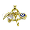 Oro Laminado Fancy Pendant, Gold Filled Style Cross and Owl Design, with White Cubic Zirconia, Blue Enamel Finish, Golden Finish, 05.213.0166