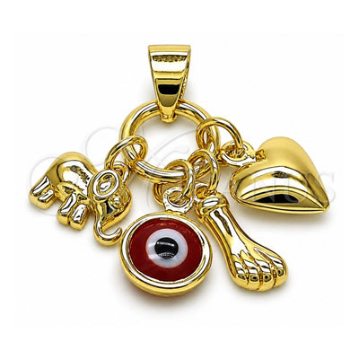 Oro Laminado Fancy Pendant, Gold Filled Style Heart and Hand Design, with Garnet Crystal, Polished, Golden Finish, 05.213.0168