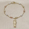 Oro Laminado Bracelet Rosary, Gold Filled Style San Judas and Figaro Design, Diamond Cutting Finish, Tricolor, 09.253.0077.08