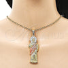Oro Laminado Religious Pendant, Gold Filled Style San Judas and Greek Key Design, with White Crystal, Polished, Tricolor, 05.411.0067