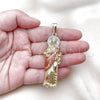 Oro Laminado Religious Pendant, Gold Filled Style San Judas and Greek Key Design, with White Crystal, Polished, Tricolor, 05.411.0067
