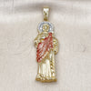 Oro Laminado Religious Pendant, Gold Filled Style San Judas and Greek Key Design, with White Crystal, Polished, Tricolor, 05.411.0067