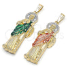 Oro Laminado Religious Pendant, Gold Filled Style San Judas and Greek Key Design, with White Crystal, Polished, Tricolor, 05.411.0067