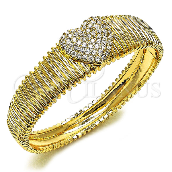 Oro Laminado Individual Bangle, Gold Filled Style Heart Design, with White Cubic Zirconia, Polished, Golden Finish, 07.60.0006.04 (18 MM Thickness, Size 4 (2.25 Diameter))