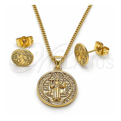 Oro Laminado Earring and Pendant Adult Set, Gold Filled Style San Benito Design, Polished, Golden Finish, 10.60.0007