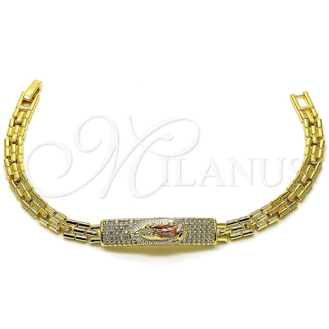 Oro Laminado Fancy Bracelet, Gold Filled Style Guadalupe and Nameplate Design, with White Cubic Zirconia, Polished, Tricolor, 03.411.0049.1.08 (06 MM Thickness, 8 Inches Length)