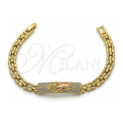 Oro Laminado Fancy Bracelet, Gold Filled Style San Judas and Nameplate Design, with White Cubic Zirconia, Polished, Tricolor, 03.411.0050.1.08 (06 MM Thickness, 8 Inches Length)