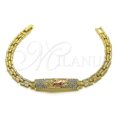Oro Laminado Fancy Bracelet, Gold Filled Style San Judas and Nameplate Design, with White Cubic Zirconia for wholesale, main product view