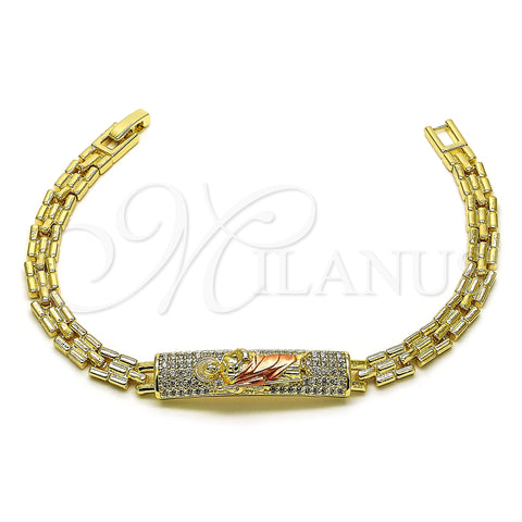 Oro Laminado Fancy Bracelet, Gold Filled Style San Judas and Nameplate Design, with White Cubic Zirconia, Polished, Tricolor, 03.411.0050.1.08 (06 MM Thickness, 8 Inches Length)